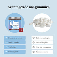 Infographie comparant des gummies à des comprimés, avec mise en avant du goût agréable, de la facilité à croquer, d’une prise ludique et d’une routine plus agréable.  Zéro Distraction Clear Mind , Bears with Benefits