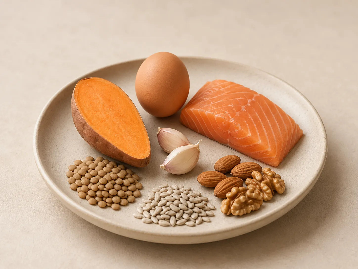 Bears with Benefits kératine aliments favorisant la production de kératine avec œuf, saumon, ail, patate douce, lentilles, graines et fruits à coque pour illustrer les nutriments soutenant la synthèse naturelle de la kératine