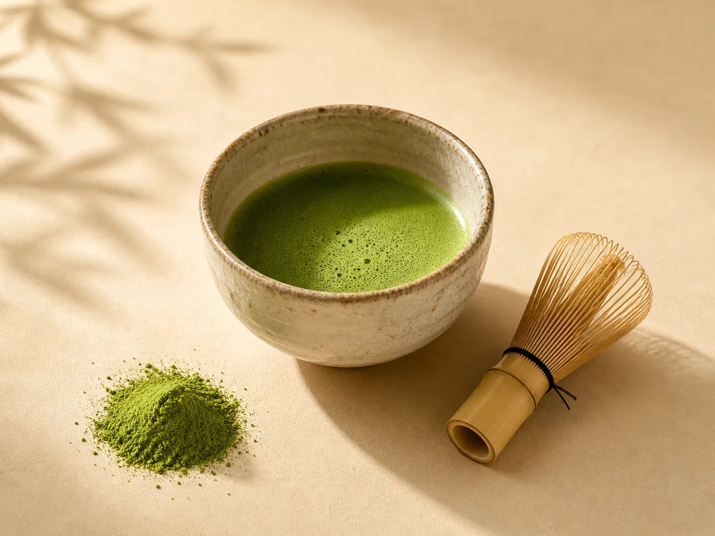 Bears with Benefits matcha illustré dans un style simple avec bol de thé matcha, poudre de matcha et fouet en bambou pour évoquer la cérémonie du thé japonaise et la préparation traditionnelle du matcha