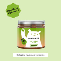 Image du pot de 45 gummies Silhouette Collagène et OPC de Bears with Benefits, formule sans sucre au goût cerise, avec peptides de collagène, extrait de pépins de raisin (OPC), vitamine C et vitamine E, visuel “Nouveau”. l Bears with Benefits