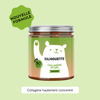 Image du pot de 90 gummies Silhouette Collagène et OPC de Bears with Benefits, formule sans sucre au goût cerise, avec peptides de collagène, extrait de pépins de raisin (OPC), vitamine C et vitamine E, visuel “Nouveau”. l Bears with Benefits