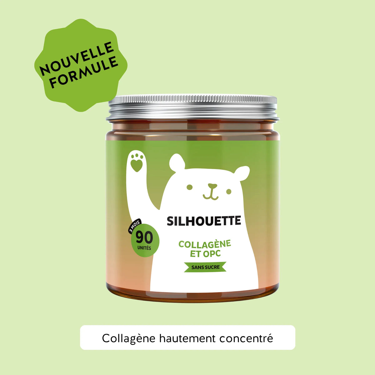 Image du pot de 90 gummies Silhouette Collagène et OPC de Bears with Benefits, formule sans sucre au goût cerise, avec peptides de collagène, extrait de pépins de raisin (OPC), vitamine C et vitamine E, visuel “Nouveau”. l Bears with Benefits