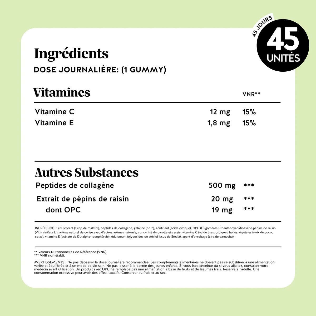 Tableau des valeurs nutritionnelles et substances actives de Silhouette Collagène et OPC de Bears with Benefits par dose journalière (1 gummy) : vitamine C 12 mg (15 % VNR), vitamine E 1,8 mg (15 % VNR), peptides de collagène 500 mg, extrait de pépins de raisin 20 mg dont OPC 19 mg. l Bears with Benefits