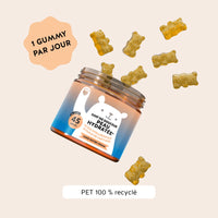 Bears with Benefits Soif de douceur – Peau hydratée gummies à l’acide hyaluronique, image d’une boîte ouverte de 45 gummies avec recommandation 1 gummy par jour.