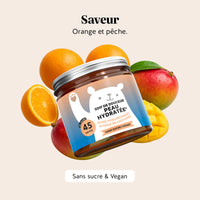Bears with Benefits Soif de douceur – Peau hydratée gummies saveur mangue et orange avec acide hyaluronique, image d’une boîte de 45 gummies avec fruits.