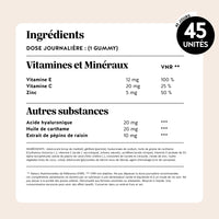 Bears with Benefits Soif de douceur – Peau hydratée gummies avec zinc, vitamine C et acide hyaluronique, image du tableau nutritionnel 45 unités.