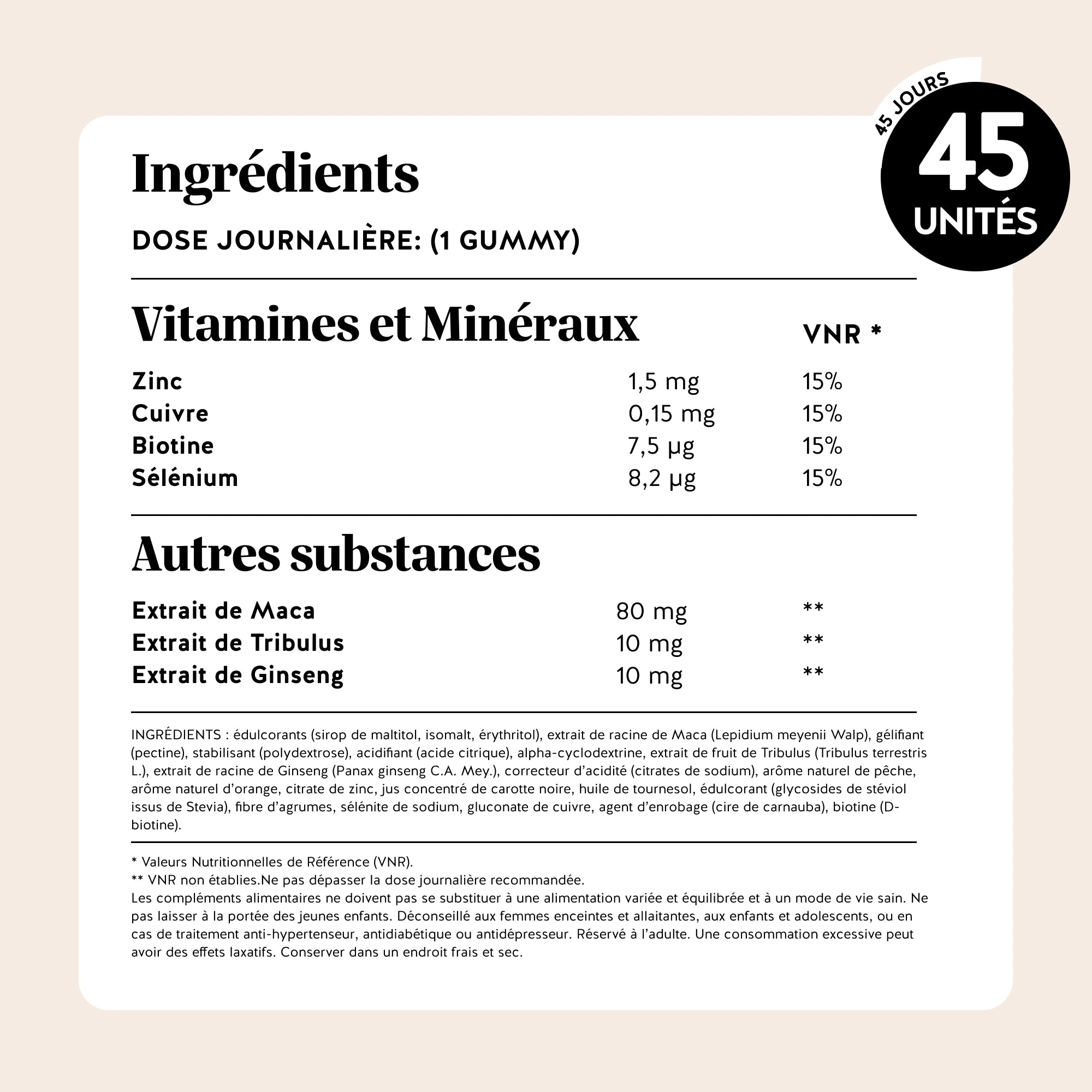 Bears with Benefits Soif de douceur – Peau hydratée gummies avec zinc, vitamine C et acide hyaluronique, image du tableau nutritionnel 45 unités.