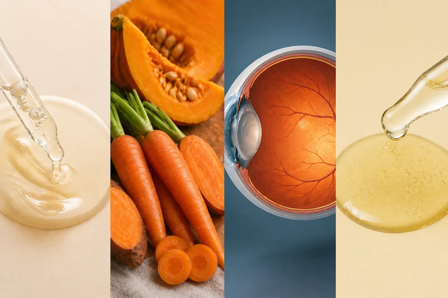 Bears with Benefits différence entre vitamine A, rétinol, bêta-carotène et rétinal, visuel simple centré sur les différentes formes de vitamine A avec focus sur la peau, la vision et l’action antioxydante