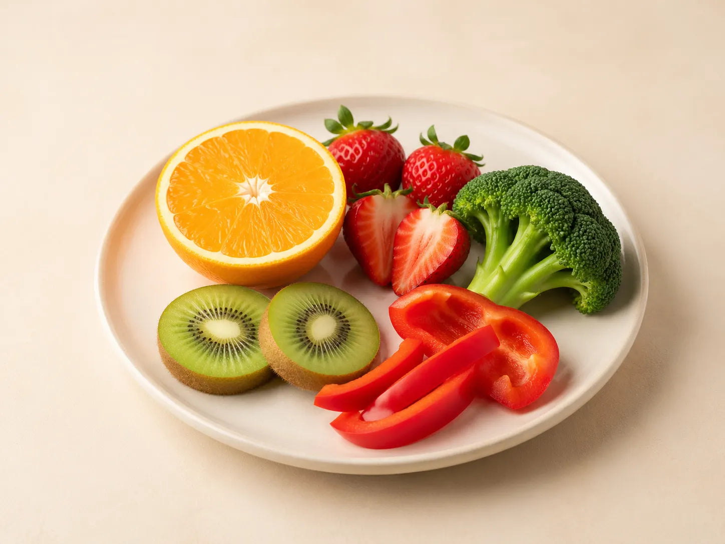 Bears with Benefits vitamine C aliments riches en vitamine C avec orange, kiwi, fraises, brocoli et poivron rouge pour illustrer les principales sources alimentaires de vitamine C