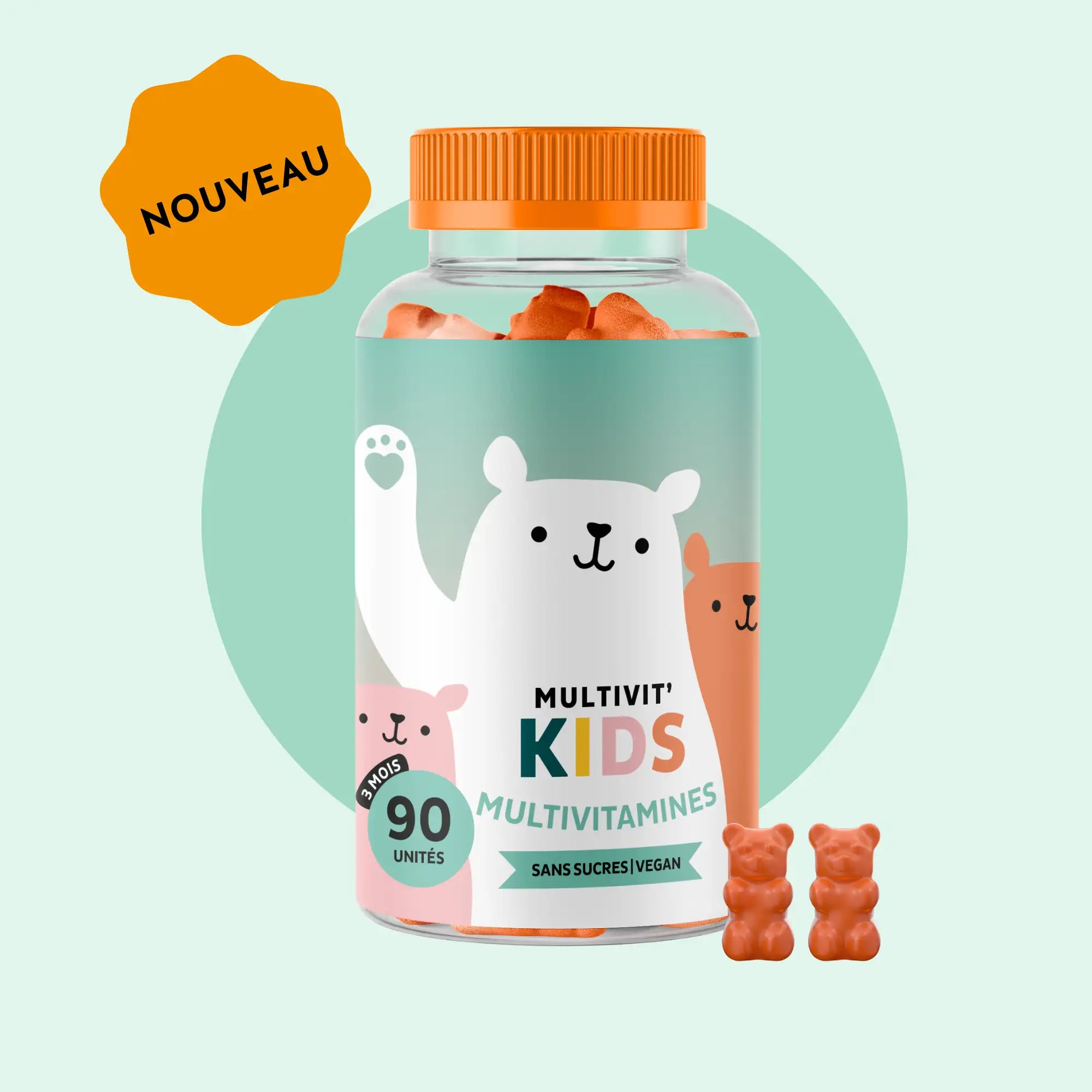 Boîte de 90 gummies Multivit’ Kids – multivitamines vegan et sans sucre pour enfants, présentée avec deux oursons gummies orange sur fond vert doux l Bears with Benefits