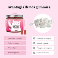 Comparatif avantages des gummies Cheveux Sublimes Biotine de Bears with Benefits vs comprimés/gélules : délicieux et savoureux, faciles à croquer, prise ludique, routine agréable ; contrairement aux pilules au goût amer/insipide et plus difficiles à ingérer. l Bears with Benefits