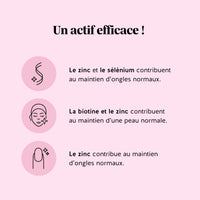 Bienfaits et allégations des gummies Cheveux Sublimes Biotine de Bears with Benefits : le zinc et le sélénium contribuent au maintien d’ongles normaux ; la biotine et le zinc contribuent au maintien d’une peau normale ; le zinc contribue au maintien de cheveux normaux. l Bears with Benefits