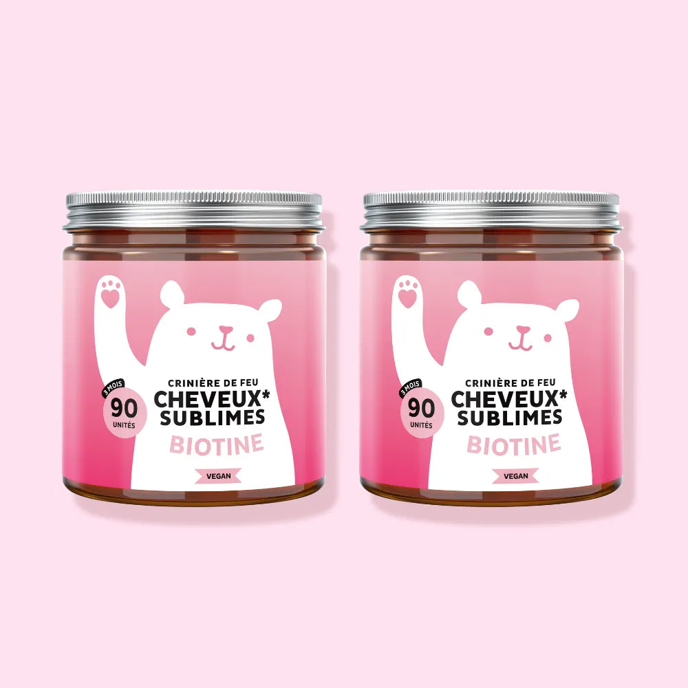 Image du pack de 2 pots de 90 gummies Cheveux Sublimes Biotine de Bears with Benefits (2 x 90 unités), formule vegan, visuel duo de pots sur fond rose. l Bears with Benefits