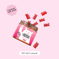 Conseil d’utilisation des gummies Cheveux Sublimes Biotine (pot 45 unités) de Bears with Benefits : 1 gummy par jour, visuel de gummies rouges et mention PET 100 % recyclé. l Bears with Benefits