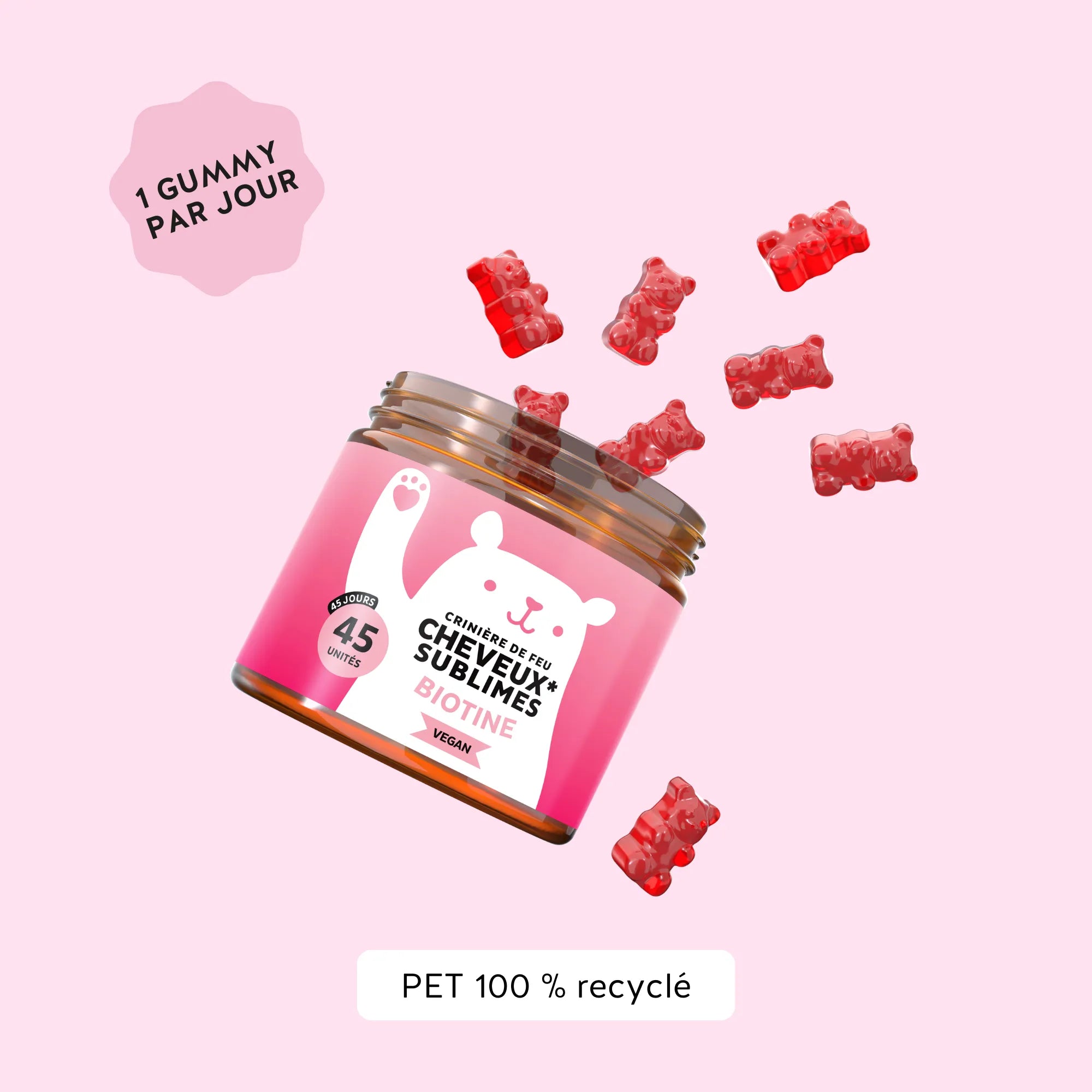 Conseil d’utilisation des gummies Cheveux Sublimes Biotine (pot 45 unités) de Bears with Benefits : 1 gummy par jour, visuel de gummies rouges et mention PET 100 % recyclé. l Bears with Benefits