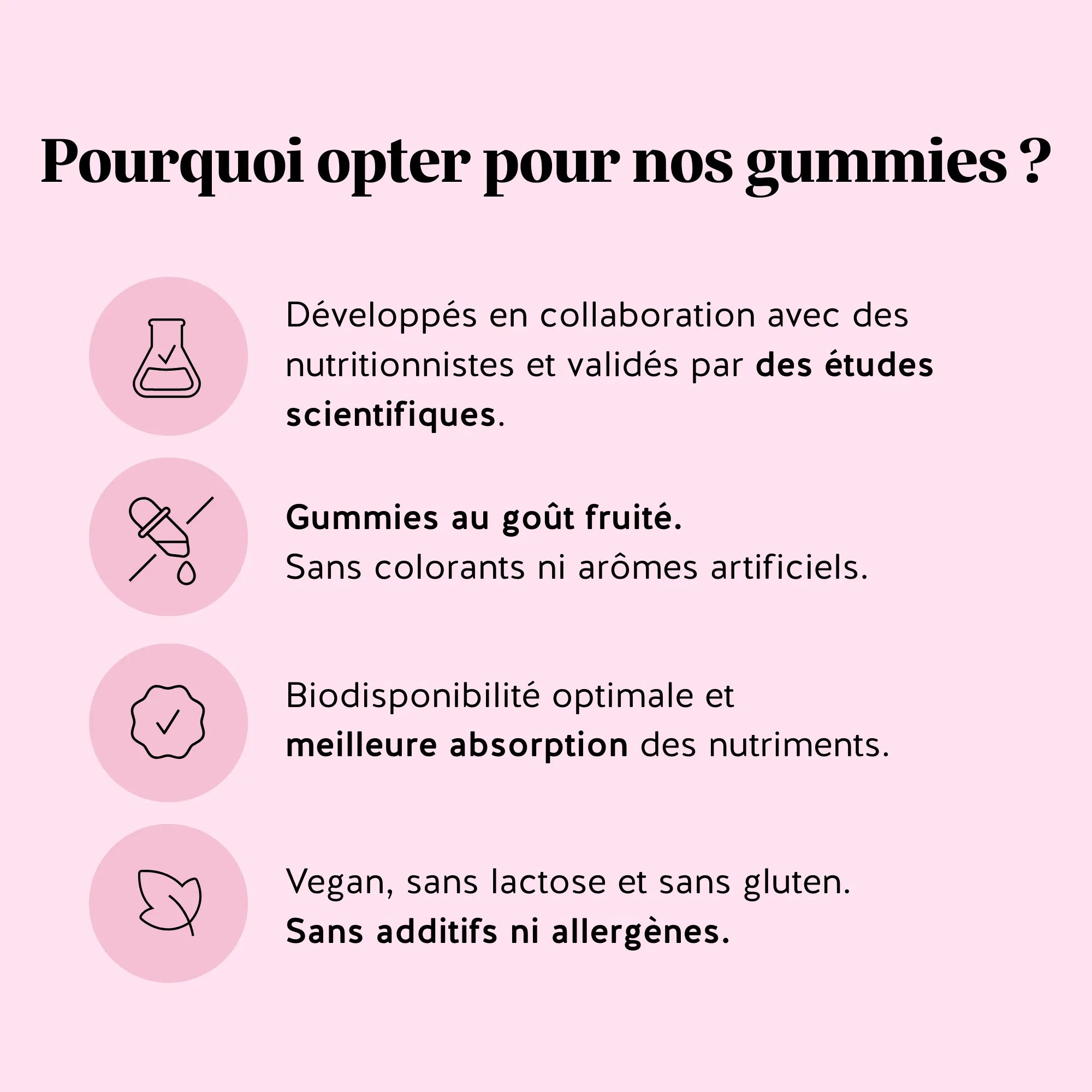Raisons de choisir les gummies Cheveux Sublimes Biotine de Bears with Benefits : développés avec des nutritionnistes et validés par des études scientifiques, goût fruité sans colorants ni arômes artificiels, biodisponibilité optimale et meilleure absorption, vegan sans lactose ni gluten, sans additifs ni allergènes. l Bears with Benefits