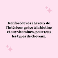 Visuel citation : “Renforcez vos cheveux de l’intérieur grâce à la biotine et aux vitamines, pour tous les types de cheveux.” Gummies Cheveux Sublimes Biotine de Bears with Benefits. l Bears with Benefits