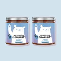 Deux boîtes de gummies  Zéro Distraction Clear Mind Bears with Benefits au ginseng et ginkgo, format 90 unités, présentées côte à côte sur fond bleu, complément alimentaire pour la concentration, vegan et sans sucre.