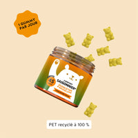 Conseil d’utilisation des gummies Confort Saisonnier Quercétine & Bromélaïne (pot 45 unités) de Bears with Benefits : 1 gummy par jour, mention PET recyclé à 100 %, gummies jaunes autour du pot incliné. l Bears with Benefits