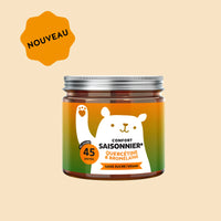 Image du pot de 45 gummies Confort Saisonnier Quercétine & Bromélaïne de Bears with Benefits, formule sans sucre et vegan, avec rubans et étoiles en arrière-plan. l Bears with Benefits