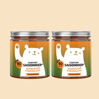 Image du pack de 2 pots de 90 gummies Confort Saisonnier Quercétine & Bromélaïne de Bears with Benefits (2 x 90 unités), formule sans sucre et vegan, visuel duo de pots sur fond beige. l Bears with Benefits