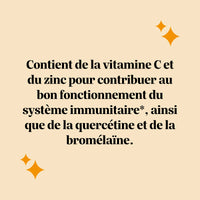 Visuel citation Confort Saisonnier de Bears with Benefits : “Contient de la vitamine C et du zinc pour contribuer au bon fonctionnement du système immunitaire, ainsi que de la quercétine et de la bromélaïne.” l Bears with Benefits