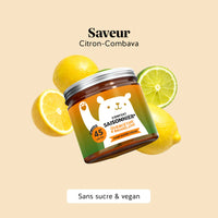 Saveur citron-combava des gummies Confort Saisonnier Quercétine & Bromélaïne (pot 45 unités) de Bears with Benefits, formule sans sucre et vegan, visuel avec citrons et tranche de combava. l Bears with Benefits