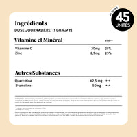 Tableau des ingrédients et substances actives de Confort Saisonnier de Bears with Benefits par dose journalière (1 gummy) : vitamine C 20 mg (25 % VNR), zinc 2,5 mg (25 % VNR), quercétine 62,5 mg, bromélaïne 50 mg. l Bears with Benefits
