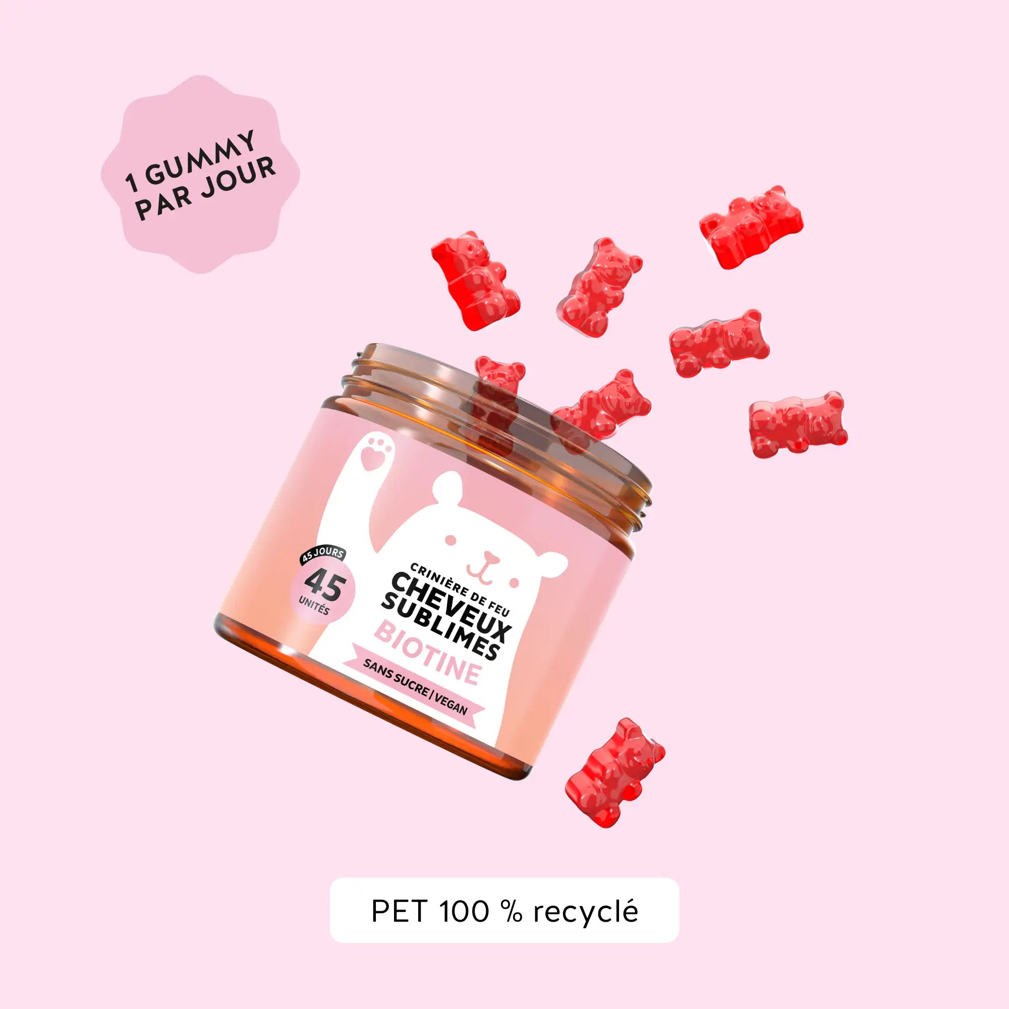 Conseils d’utilisation des gummies Cheveux Sublimes – 1 gummy par jour dans une boîte en PET 100 % recyclé, pour une routine simple et responsable l Bears with Benefits