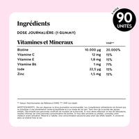Tableau nutritionnel des gummies Bears with Benefits Crinière de Feu Cheveux Sublimes Biotine, boîte de 90 unités, avec biotine, vitamines C, E, B6, iode et zinc.