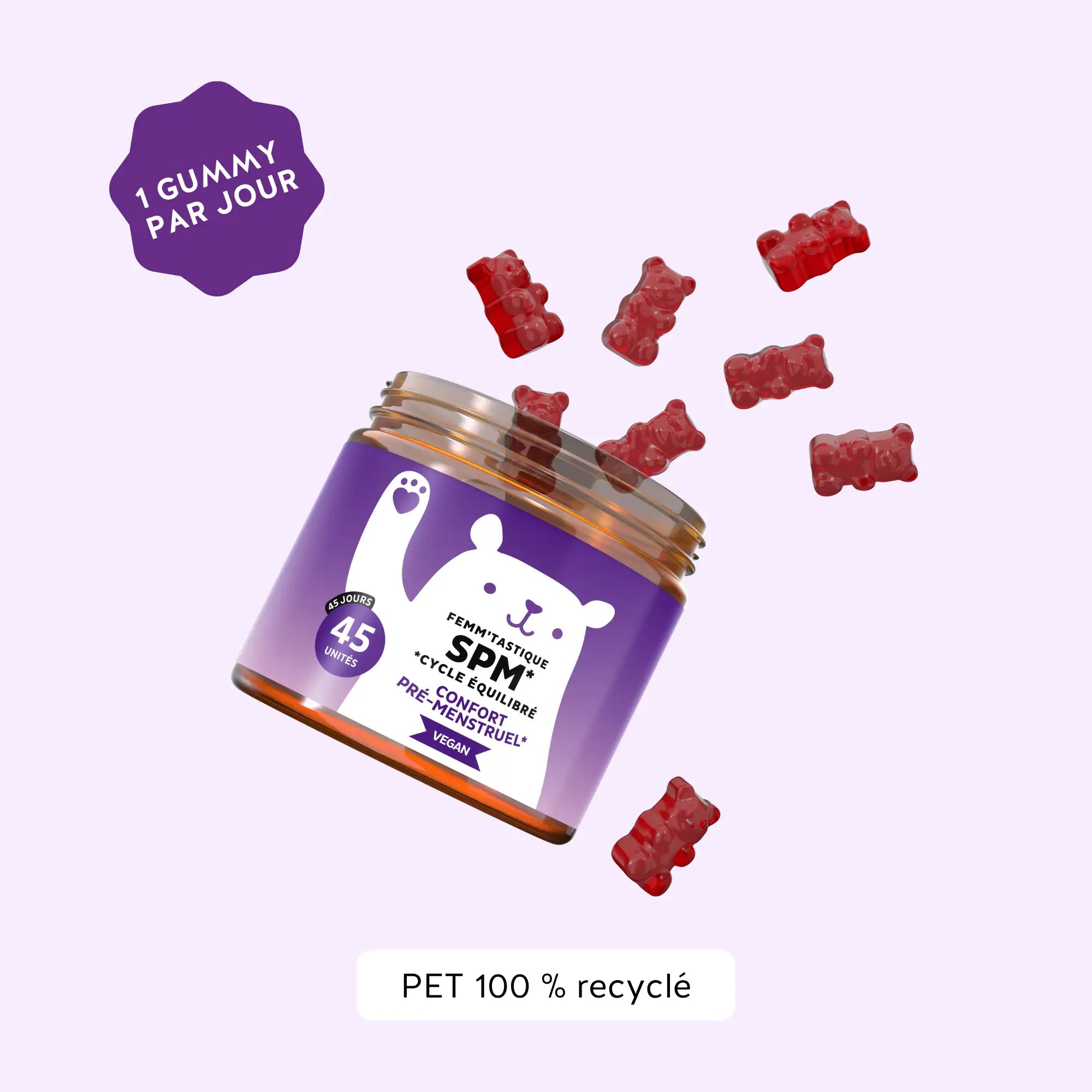 Boîte de 45 gummies Femm’tastique SPM – cycle équilibré et confort prémenstruel, 1 gummy par jour l Bears with Benefits