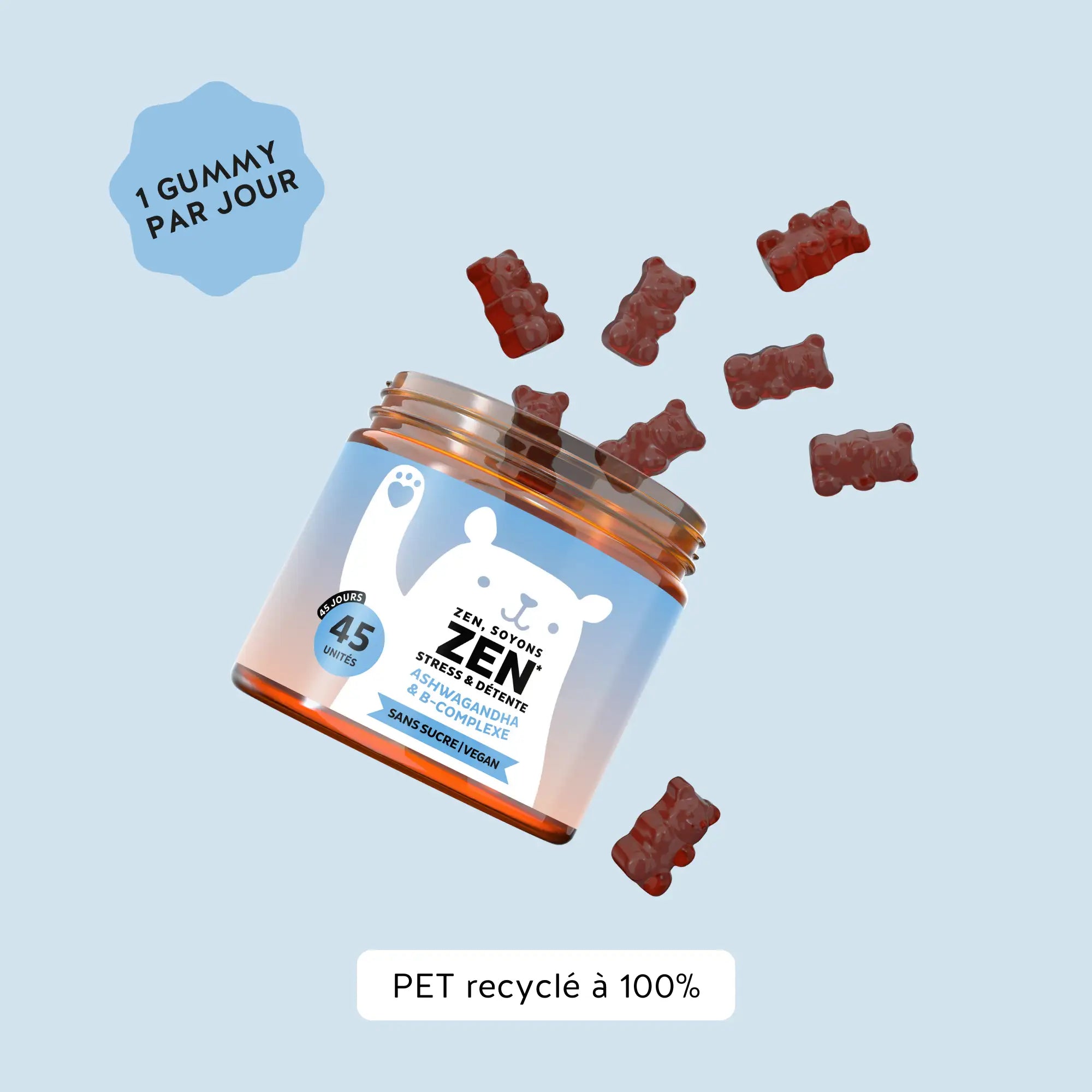 Conseils d’utilisation et recyclage – 1 gummy par jour. Boîte en PET 100 % recyclé, à trier après usage l Bears with Benefits