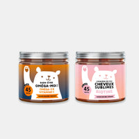 Deux boîtes de compléments alimentaires en gummies 45 unités : Bien-Être Oméga-3 & Vitamine C et Crinière de Feu Cheveux Sublimes à la biotine, formules sans sucre et vegan pour le soutien du bien-être et de la beauté des cheveux l Bears with Benefits.