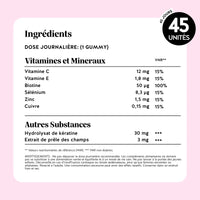 Étiquette ingrédients des gummies Ongles & Cheveux à la kératine – détails de la formule avec vitamines, minéraux et extraits naturels – pot de 45 unités pour 45 jours de cure l Bears with Benefits