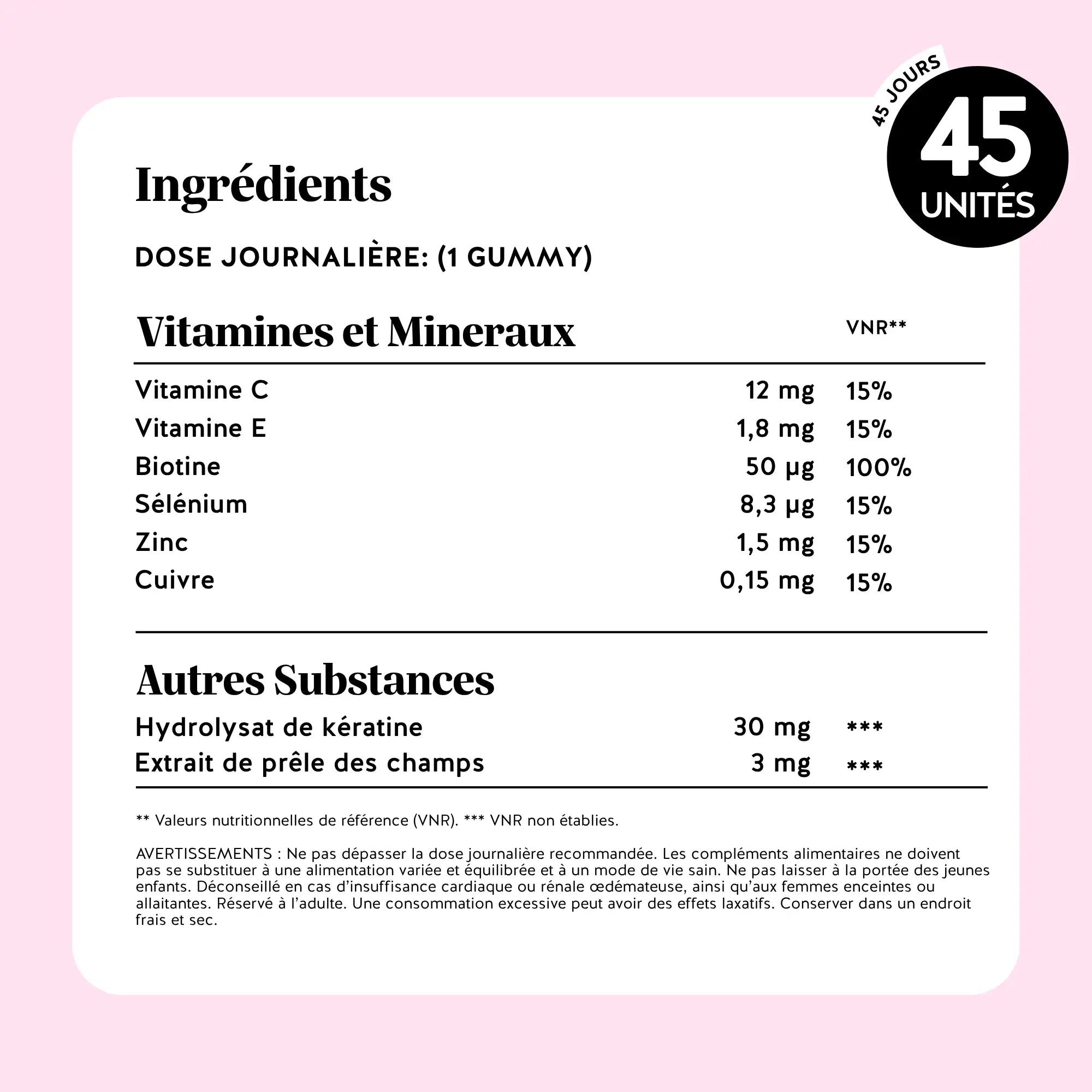 Étiquette ingrédients des gummies Ongles & Cheveux à la kératine – détails de la formule avec vitamines, minéraux et extraits naturels – pot de 45 unités pour 45 jours de cure l Bears with Benefits
