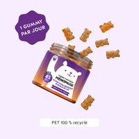 Bears with Benefits Femm'tastique Ménopause gummies à l’acide hyaluronique et à l’huile de lin, boîte ouverte de 45 gummies avec recommandation d’une prise quotidienne d’1 gummy.