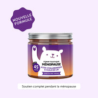 Bears with Benefits Femm'tastique Ménopause à l'acide hyaluronique et huile de lin, boîte de 45 gummies, nouvelle formule présentée avec des éléments floraux décoratifs.