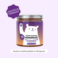 Bears with Benefits Femm'tastique Ménopause à l'acide hyaluronique et huile de lin, boîte de 90 gummies, nouvelle formule présentée avec des éléments floraux décoratifs.