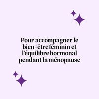 Message mettant en avant le bien-être féminin et l'équilibre hormonal pendant la ménopause sur fond violet clair.