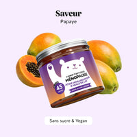 Bears with Benefits Femm'tastique Ménopause, boîte de 45 gummies saveur papaye, présentée avec des fruits de papaye.