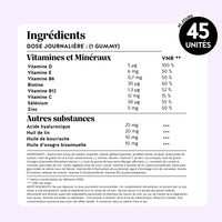 Tableau nutritionnel détaillé des gummies Femm'tastique Ménopause, boîte de 45 unités, avec vitamines, minéraux et actifs.