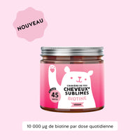 Image du pot de 45 gummies Cheveux Sublimes Biotine de Bears with Benefits, formule vegan, avec mention 10 000 µg de biotine par dose quotidienne. l Bears with Benefits