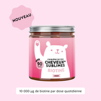 Image du pot de 90 gummies Cheveux Sublimes Biotine de Bears with Benefits, formule vegan, avec mention 10 000 µg de biotine par dose quotidienne. l Bears with Benefits