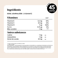 Tableau des ingrédients et valeurs nutritionnelles des gummies 1 2 3 Soleil – prépare & active le bronzage 45 unités avec vitamines et bêta-carotène