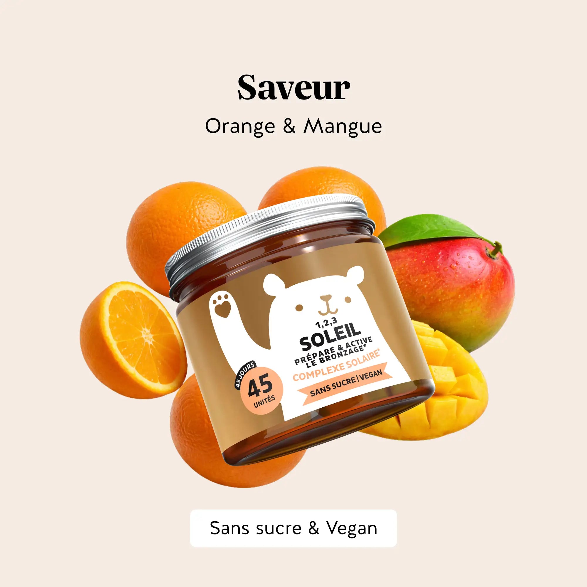 Boîte de gummies 1 2 3 Soleil – prépare & active le bronzage saveur pêche entourée de fruits, complément alimentaire vegan et sans sucre