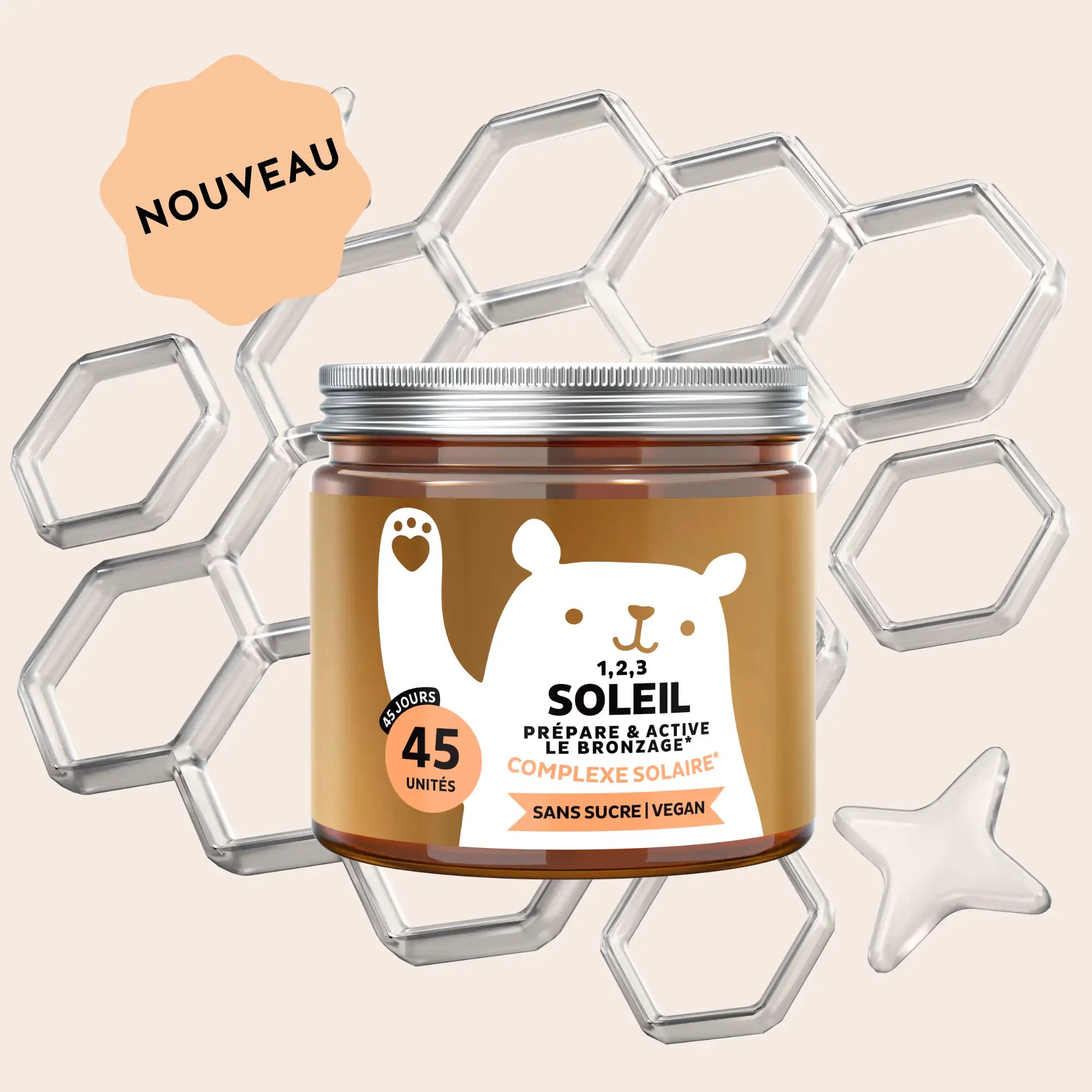 Boîte de gummies 1 2 3 Soleil – prépare & active le bronzage Bears with Benefits, 45 unités, complément alimentaire vegan et sans sucre