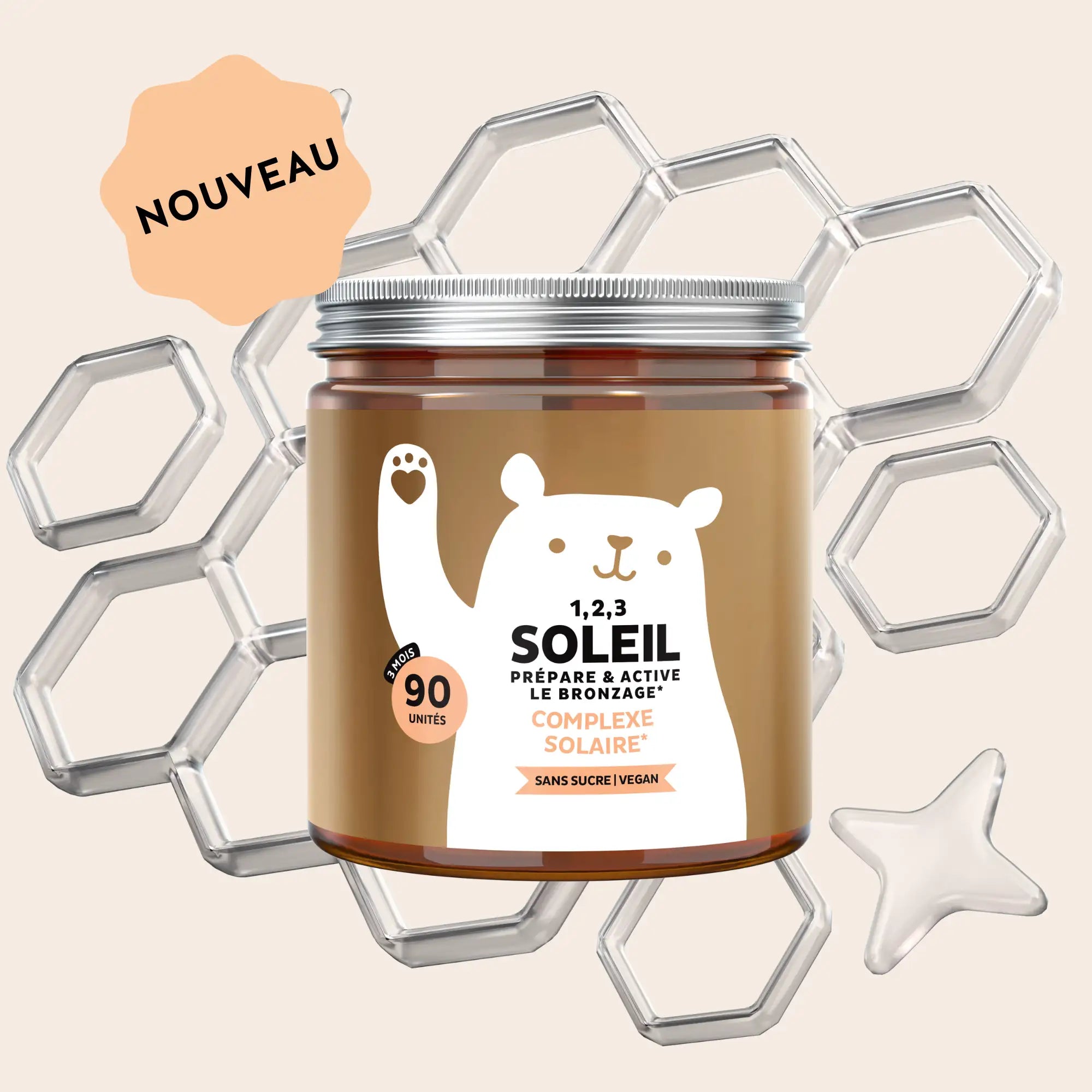 Boîte de gummies 1 2 3 Soleil – prépare & active le bronzage Bears with Benefits, 90 unités, complément alimentaire vegan et sans sucre