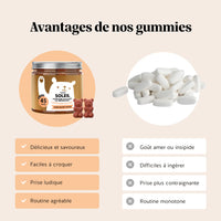 Infographie comparant gummies et comprimés avec mise en avant du goût agréable, de la facilité à croquer et d’une routine plus agréable avec 1 2 3 Soleil – prépare & active le bronzage