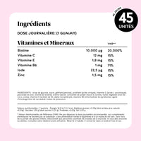 Tableau des ingrédients et valeurs nutritionnelles des gummies Cheveux Sublimes Biotine de Bears with Benefits par dose journalière (1 gummy) : biotine 10 000 µg, vitamine C 12 mg, vitamine E 1,8 mg, vitamine B6 1 mg, iode 22,5 µg, zinc 1,5 mg. l Bears with Benefits
