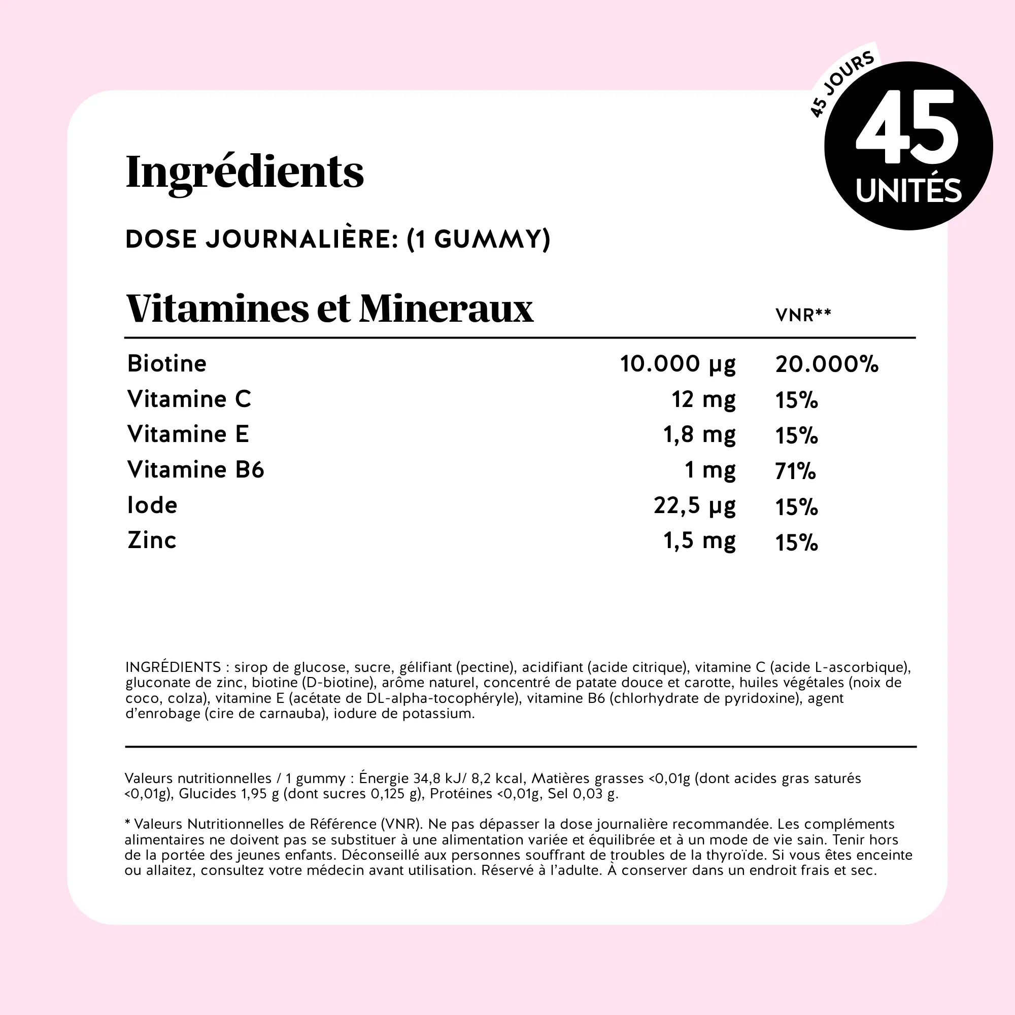 Tableau des ingrédients et valeurs nutritionnelles des gummies Cheveux Sublimes Biotine de Bears with Benefits par dose journalière (1 gummy) : biotine 10 000 µg, vitamine C 12 mg, vitamine E 1,8 mg, vitamine B6 1 mg, iode 22,5 µg, zinc 1,5 mg. l Bears with Benefits